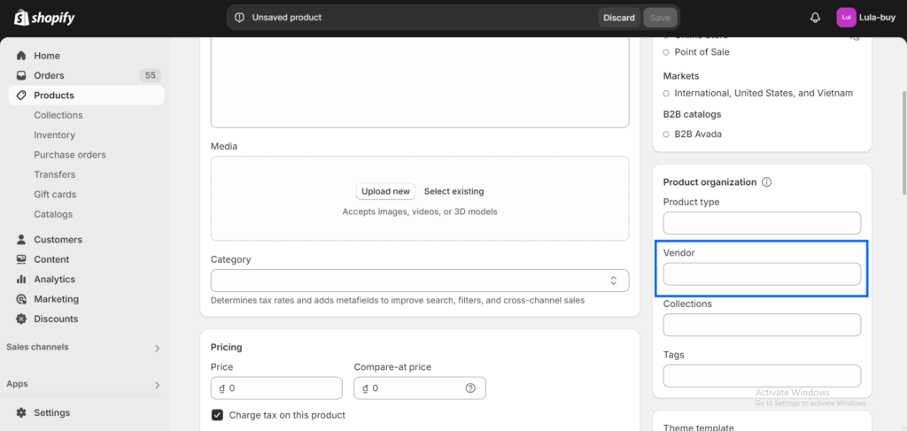 Enter the Product Vendor Information